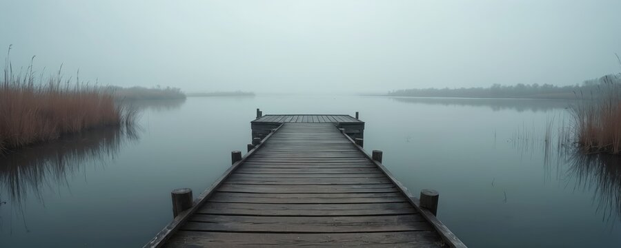 Wooden dock on calm lake with foggy background. Reed plants on both sides. Dock extends into water. Gray sky above. Peaceful nature scenery. Water reflects dock, sky. Serene landscape with wooden