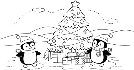 Cartoon penguins, Christmas tree, winter hats, holiday gifts, festive background, snow hills, cute animals, children art, coloring page, seasonal scene