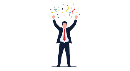 Celebrating success! A businessman raises his arms in confetti after a big win, making him an ideal symbol for success and achievement