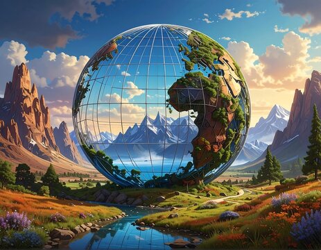 A vibrant, fantastical landscape frames a transparent globe revealing a blend of land and nature. Mountains and a river complete the scene