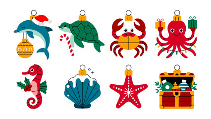 Festive Marine Ornaments: A vibrant collection of whimsical, marine-themed ornaments, each adorned with festive elements, promising holiday cheer and a touch of nautical charm.