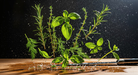 An energetic gourmet concept capturing a burst of fresh herbs flying in the air with dramatic freeze-motion clarity. Ideal for banners, restaurant branding, food packaging, and advertising.