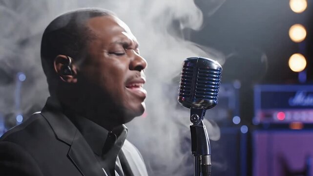 Passionate African American male singer performs with a vintage microphone amidst dramatic stage smoke and warm lighting for a soulful live music concert experience