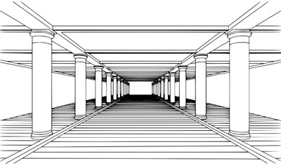 One-Point Perspective Drawing of a Long Colonnade Hallway or Stoa with Ionic Columns and Receding Depth, Black and White Vector Sketch