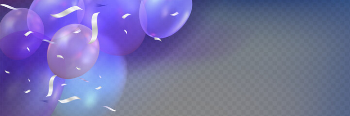 Purple birthday or anniversary horizontal banner with flying helium balloons and confetti ribbons. Realistic 3d vector illustration of holiday