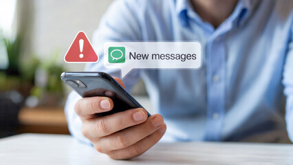 Urgent mobile notification alert on smartphone screen demands attention, highlighting potential risks and new message updates for modern digital communication