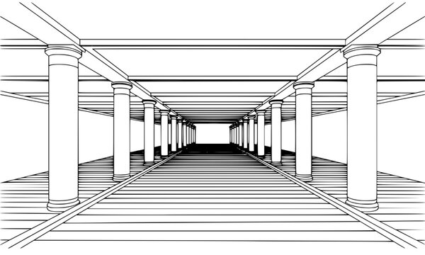 One-Point Perspective Drawing of a Long Colonnade Hallway or Stoa with Ionic Columns and Receding Depth, Black and White Vector Sketch