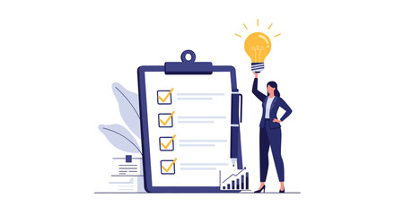 Brilliant business woman presenting innovative ideas with checklist and rising graph, embodying growth and success in a modern workplace