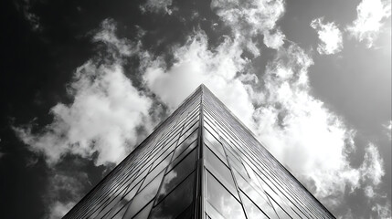Sharp glass skyscraper corner piercing dramatic cloudy sky architecture urban