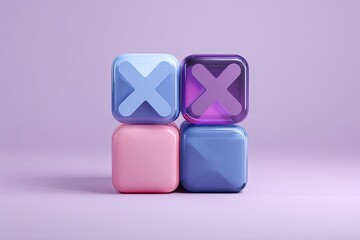 Four 3D cubes arranged, two 'X' marks on top, various colors and purple background