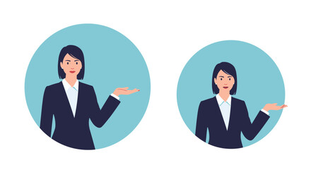 Two businesswomen in suits presenting with open hands in a circular frame.