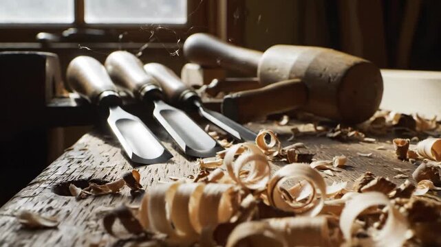 Woodworking scene chisels  wooden mallet rest amongst wood shavings on aged workbench near window