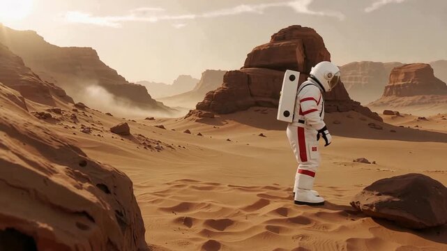 Astronaut Exploring Mars - A Journey Through the Red Planets Landscape.