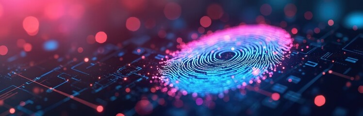 Digital fingerprint glowing with blue light on circuit board. Abstract concept of biometrics security personal identity verification. Futuristic tech data access network.