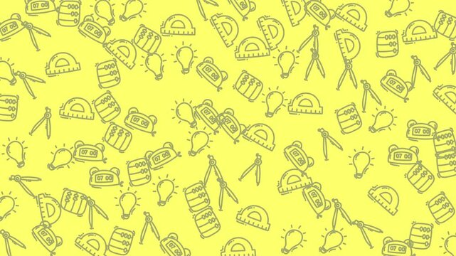 animated education icon seamless pattern school supply drawings, perfect for educational presentations, backtoschool designs, and stationery advertisement visuals. Ideal for schoolrelated themes.