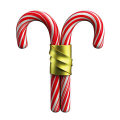 Two Red And White Striped Candy Canes Tied With A Golden Ribbon On A Black Background