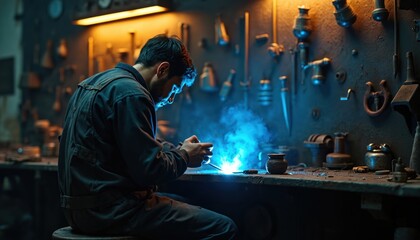 Blacksmith man welds in workshop. Male worker uses welding torch. Pro artisan repairs metal item. Handyman fixes equipment. Sparks and smoke illuminate the scene in dim workshop.