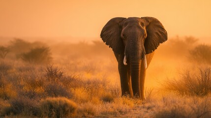 Obraz premium Elephant at Sunset: An majestic African elephant stands tall on the horizon, bathed in the golden hues of a setting sun. The vast African savanna envelops the scene in a warm, ethereal glow.