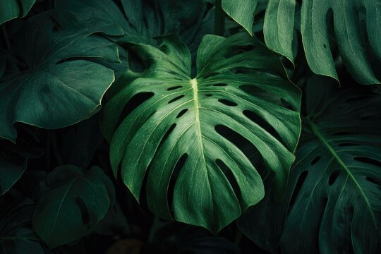 Lush, vibrant close-up of a green Monstera plant. Deep, textured leaves filled