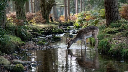 Fototapeta premium Deer at River's Edge: A tranquil scene unfolds as a graceful deer pauses at the water's edge, delicately sipping from a clear stream amidst a lush forest landscape, showcasing nature's serenity.