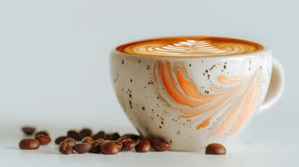single coffee cup with abstract latte art, side view with slight tilt, few roasted beans in foreground, bright soft background, minimalistic