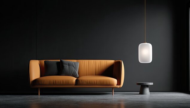 Modern living room featuring an orange sofa, black wall, and minimalist lighting