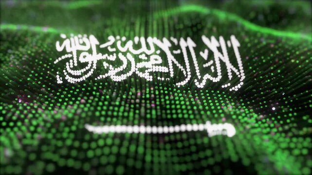 AI Nanobots Forming Saudi Arabia Flag Colors Wave Patterns Macro Slow-Motion Volumetric Light