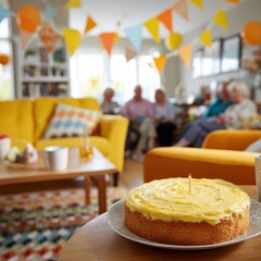 Indoor Social Gathering with Celebratory Cake in Brightly Decorated Lounge Environment