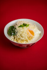 indomie rebus, instant noodle with cheese and egg