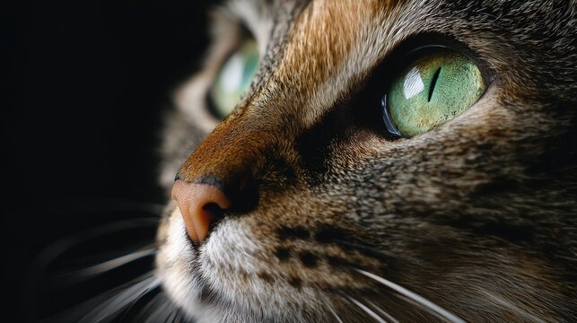 Mysterious Gaze of the Cat: A close-up portrait of a domestic cat with captivating green eyes that are focused on the distance, showcasing the feline's intriguing personality.