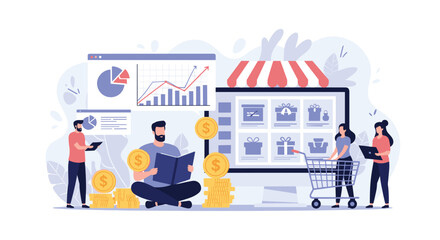 Naklejka premium Modern e-commerce illustration showing data driven decisions and happy customers shopping for gifts online today