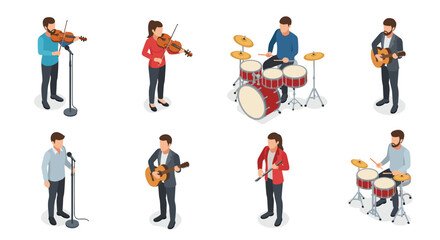 Diverse group of isometric musicians performing with instruments like violin, guitar, drums, and microphone for concert or recording session