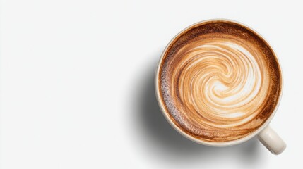 single coffee cup with swirl latte art, close up macro view, isolated on clean white background, subtle shadows, soft natural lighting, minimalistic