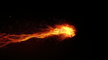 single fire flame in super slow motion, isolated on black background, bright orange and yellow sparks flying, dramatic glowing trails, minimalistic