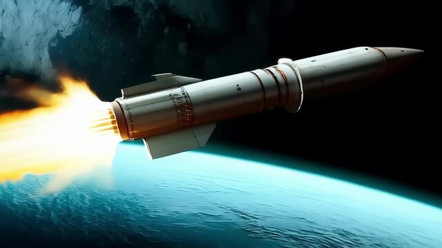 A missile with a nuclear warhead flies above the Earth, invincible force and danger