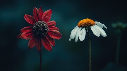 Red and white flowers contrast against dark background; nature photography for websites or publications