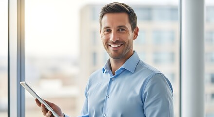 Medium close-up of a smiling man in a business shirt, standing in a bright office, holding a tablet and giving a direct, friendly gaze to the camera, tech-savvy consultant.