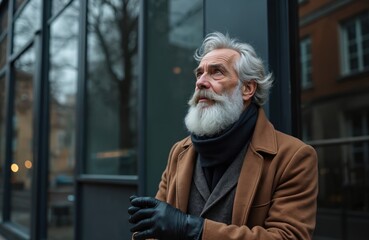 Elderly man with white beard stands outside building looking up thoughtfully. He wears a tan coat, grey vest, black scarf, and leather gloves. Mature person reflects on future or past.
