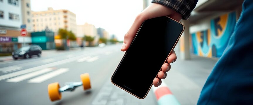 Skateboard, smartphone in hand, urban background, smartphone, communication - Powered by Adobe