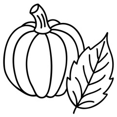 Simple outline drawing of a pumpkin with a leaf