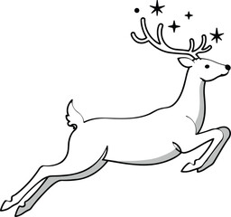 Leaping reindeer, Christmas art, festive antlers, holiday stars, magical animal, winter silhouette, monochrome design, seasonal decor, fantasy illustration, children coloring