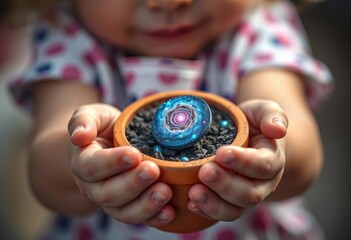 Small child's hands holding a miniature galaxy in a terracotta pot, galaxy, hands