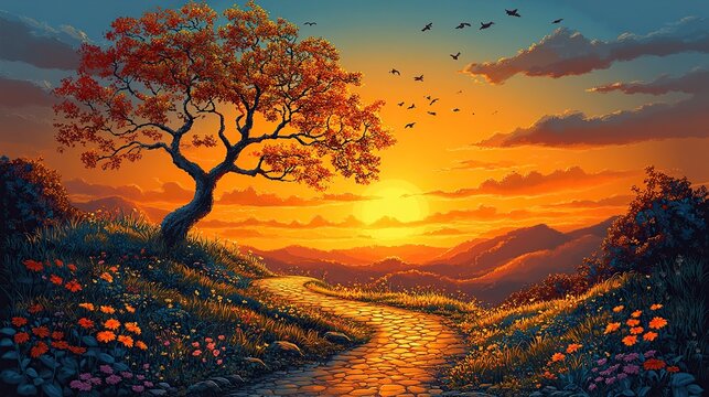 A breathtaking pixel art sunset paints the sky with vibrant oranges and reds over rolling hills and a winding path