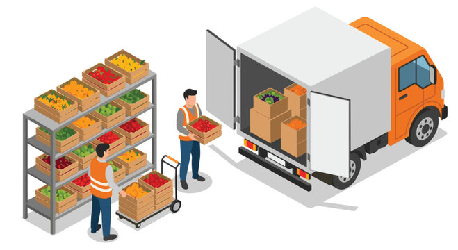 Efficient fruit distribution workers loading fresh produce into delivery truck for fast shipping and reliable grocery supply chain solutions