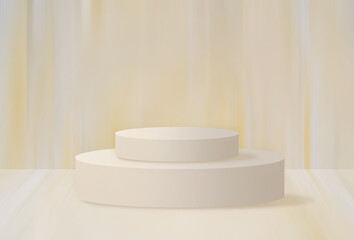 3d podium product mockup with two platforms standing  on creamy -yellow pastel colors curtains -like background . Cosmetic product, empty podium , product presentation mockup concept .