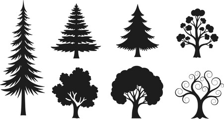 Tree silhouette collection, black tree icons, forest shapes, botanical illustration, nature graphic, conifer and deciduous trees, vector foliage design