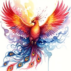 Obraz premium Watercolor phoenix bird rising with fire and smoke