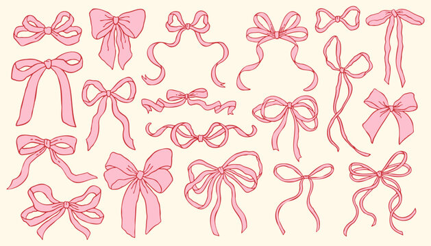 Vector set of pink hand drawn bows in various shapes and styles. Cute decorative ribbon illustrations perfect for whimsical stickers, packaging design, scrapbooking, greeting cards, feminine branding - Powered by Adobe