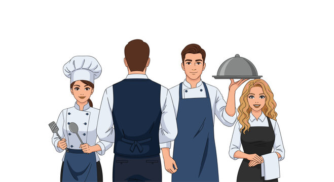 Diverse restaurant staff ready to serve with professional charm, embodying a welcoming and inclusive hospitality team for your dining experience