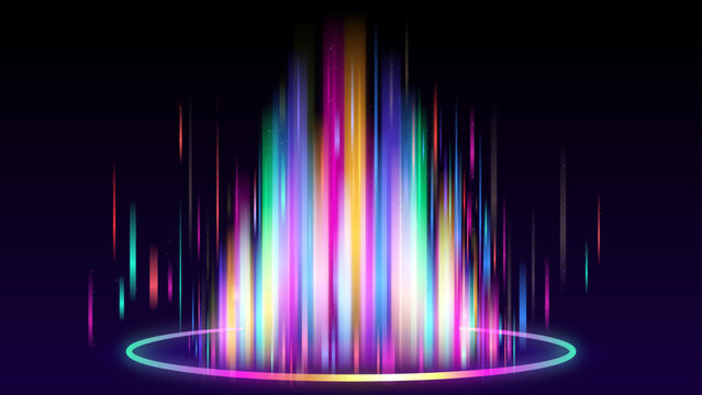 カラフルな光が立ち昇る未来的エフェクトの背景